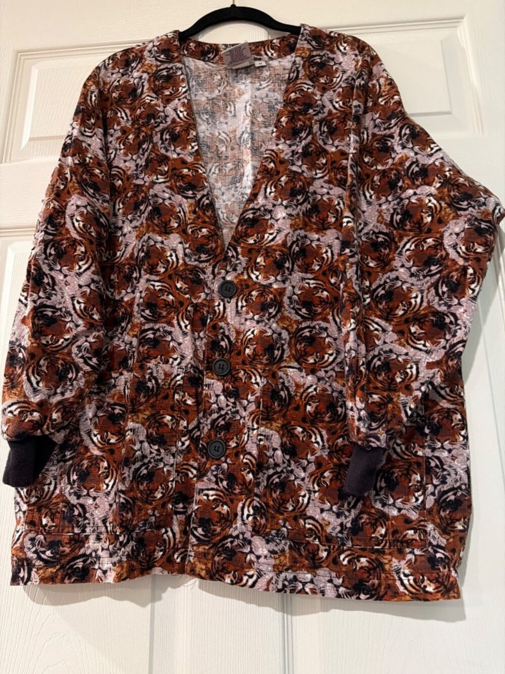 Tiger Print Button-Up Cardigan By S.C.R.U.B.S. 100% Cotton Medium Made In Mexico